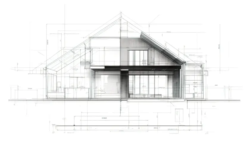 Szkic architektoniczny domu z wymiarami i detalami, stanowiący podstawę do stworzenia kosztorysu.