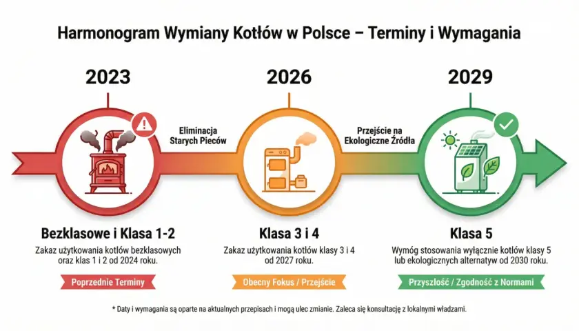Harmonogram wymiany kotłów: w 2023 r. zakaz użytkowania kotłów bezklasowych i klasy 1-2, w 2026 r. klasy 3 i 4, a od 2030 r. tylko klasy 5.