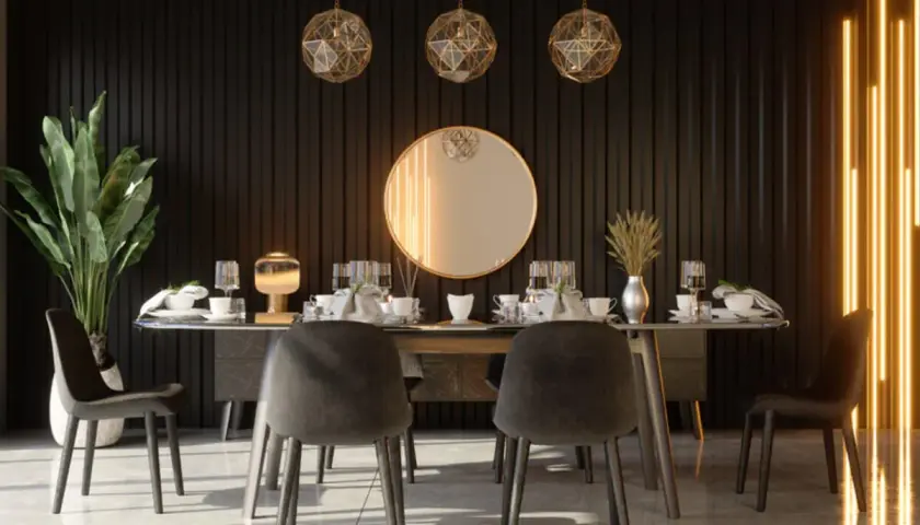 Moderne Esszimmer Ideen Wandgestaltung: schwarze Lamellenwand, goldene Pendelleuchten, Spiegel und Neonlicht.