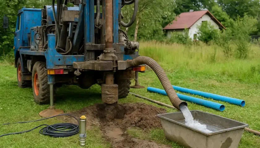 Maszyna do budowy studni głębinowej pracuje na trawiastym terenie. Woda wypływa z rury do koryta.