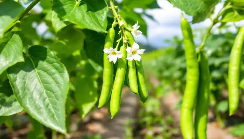 Des haricots verts charnus et sans fils, prêts à être cueillis, avec de délicates fleurs blanches. Un régal pour les yeux et les papilles.