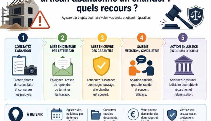 Infographie expliquant les recours en cas d'abandon de chantier par un artisan : constat, mise en demeure, garanties, médiation, action en justice.