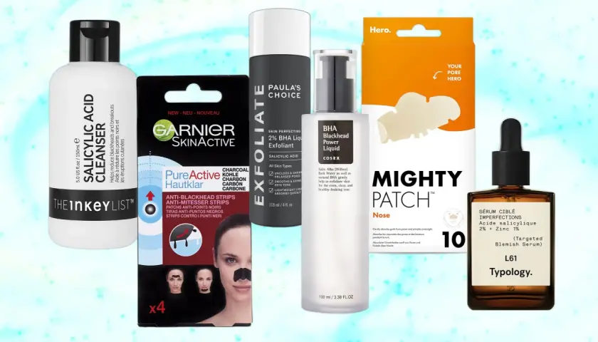 Collection de produits pour un remède point noir : nettoyant, exfoliant, patchs et sérum à l'acide salicylique.