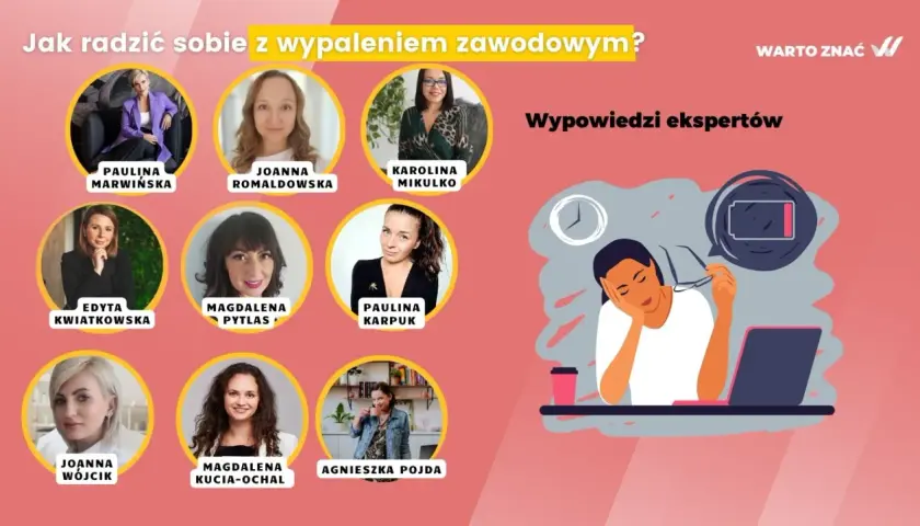 Ekspertki omawiają wypalenie zawodowe objawy. Grafika przedstawia wyczerpaną osobę przy laptopie i ikony z naładowaniem baterii.