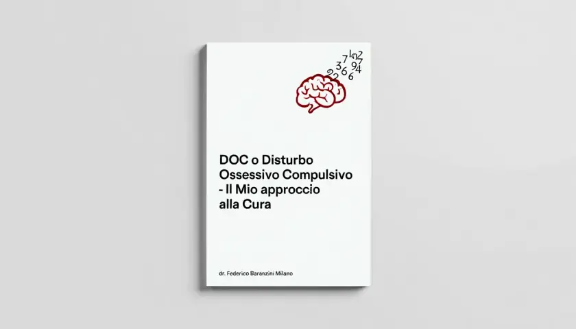 Copertina libro "DOC o Disturbo Ossessivo Compulsivo - Il Mio approccio alla Cura". Illustrazione cervello e numeri, con esempi di disturbi ossessivi compulsivi.