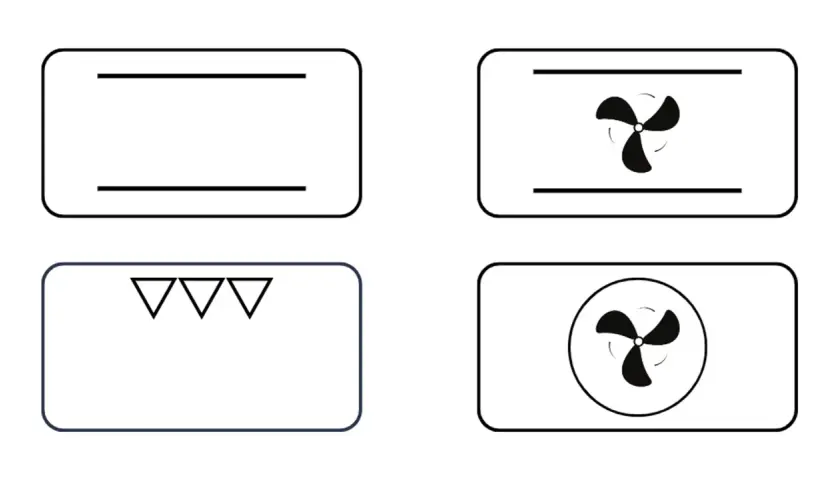 Symbole für Backofenfunktionen: Ober-/Unterhitze, Umluft mit Ventilator oben, nur Unterhitze, Umluft mit Ventilator unten.