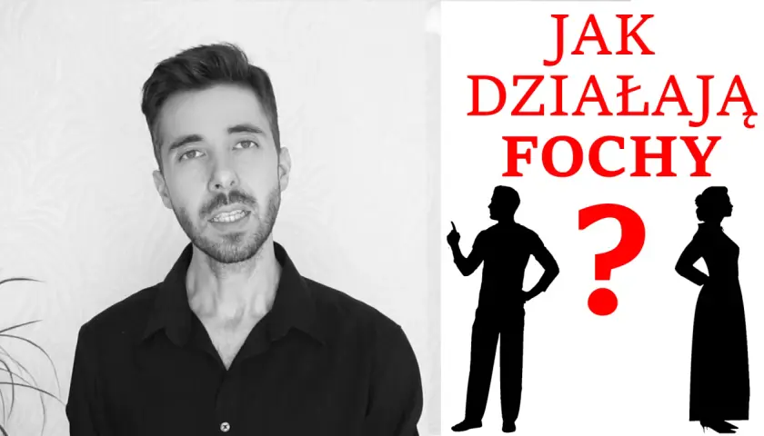 Mężczyzna z tekstem "Jak działają fochy" i sylwetkami pary. Zastanawiasz się, ile trwa foch faceta?