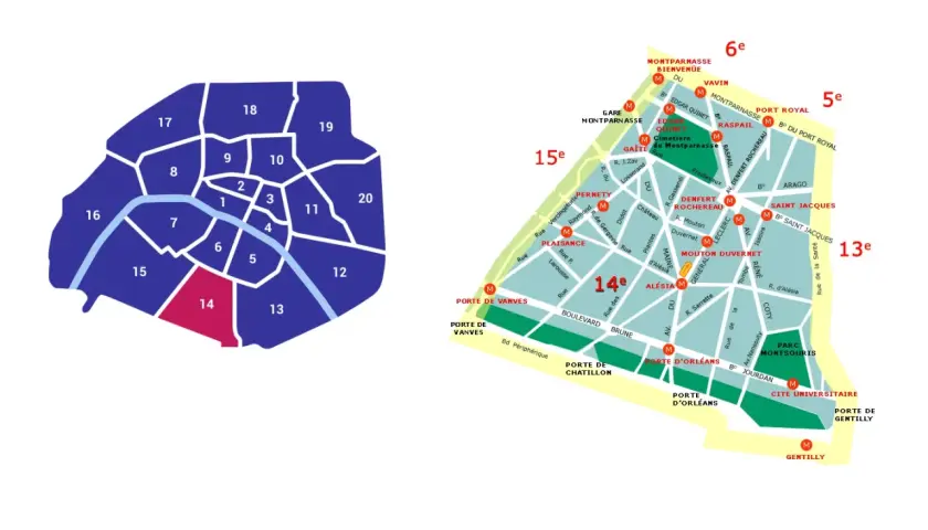 Mapa Paryża z zaznaczonymi dzielnicami. 14 dzielnica Paryża wyróżniona kolorem różowym, otoczona innymi dzielnicami.