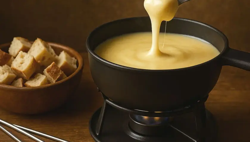 Une fondue savoyarde kirsch crémeuse, servie dans un caquelon sur un réchaud, avec des dés de pain croustillants à côté.