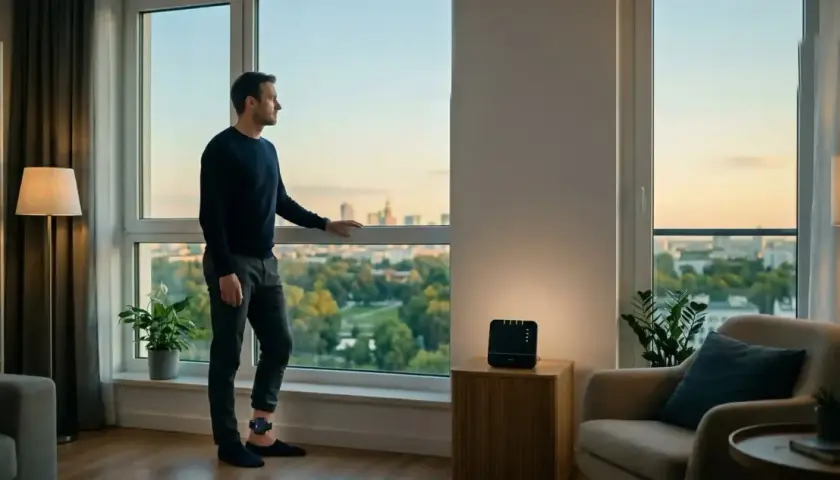 Mężczyzna w domu z opaską na nodze, symbolizującą dozór elektroniczny, patrzy przez okno na miasto.