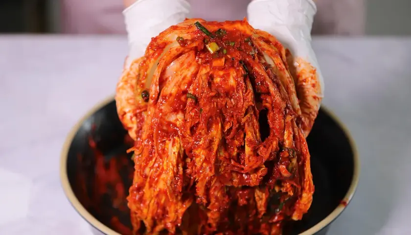 Ręce w białych rękawiczkach trzymają głowę kapusty pekińskiej pokrytą czerwoną pastą kimchi.