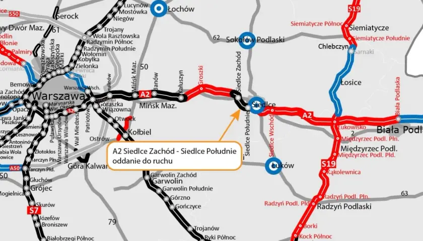 Mapa drogowa A2 Siedlce Zachód - Siedlce Południe, z zaznaczonymi drogami S19 i S17, prowadząca do Białej Podlaskiej.