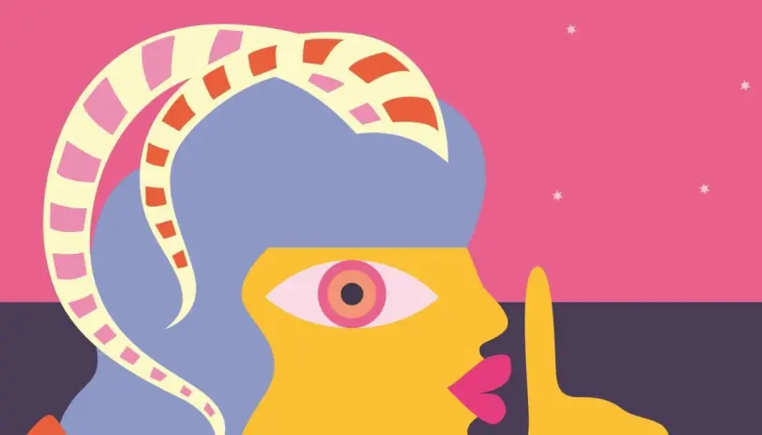 Silueta abstracta con cuernos de colores, ojo psicodélico y gesto de silencio. Representa la dualidad de libra y piscis.