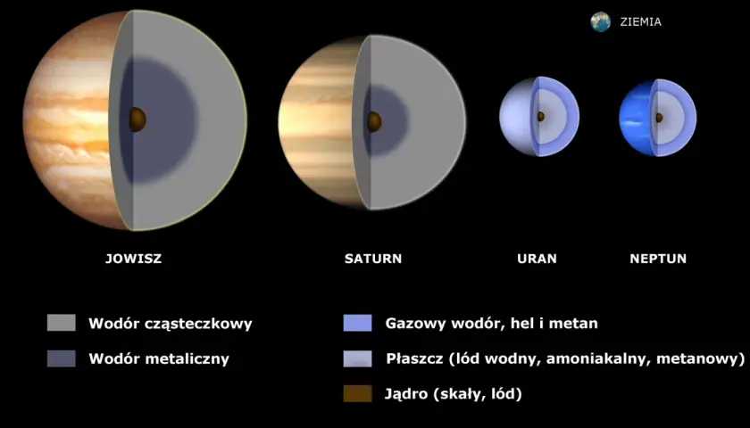 Przekroje Jowisza, Saturna, Urana i Neptuna pokazują różnice między planetami gazowymi i skalistymi.