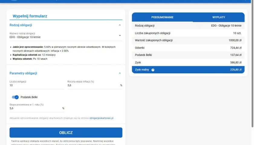 Kalkulator finansowy pokazuje podsumowanie obligacji skarbowych EDO 10-letnich, uwzględniając opłatę za przedterminowy wykup obligacji.
