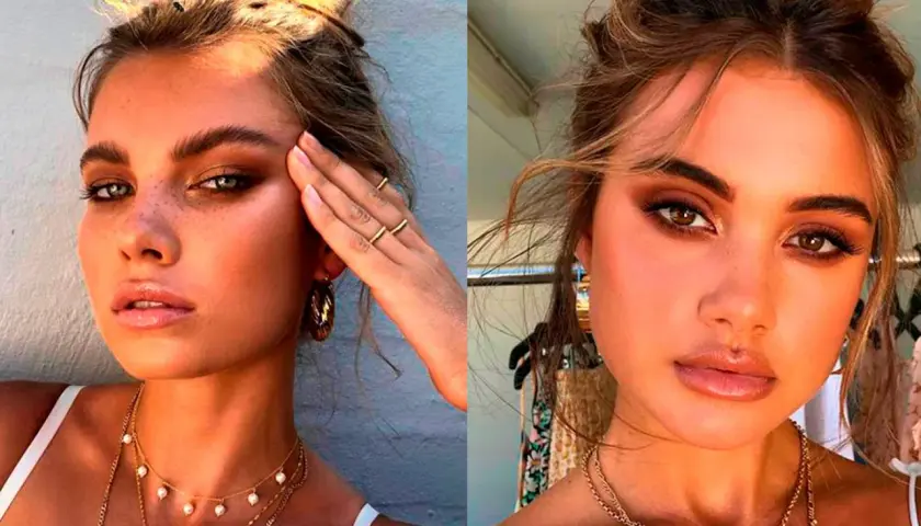 Två kvinnor med solkysst hud och mjukt, varmt smink som påminner om latte makeup.
