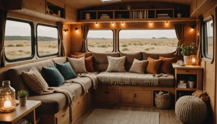 Ambiance cosy dans une caravane interieur simple. Canapé d'angle confortable, coussins douillets, plaids et vue sur la nature.