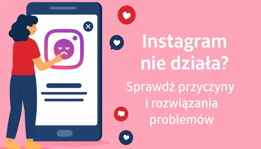 Kobieta patrzy na ekran telefonu, gdzie widnieje smutna buźka na ikonie Instagrama. Czyżby awaria Instagrama? Sprawdź przyczyny i rozwiązania problemów.