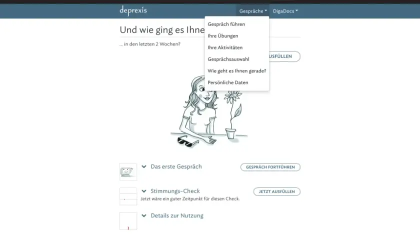Die deprexis app zeigt ein Menü mit Optionen wie "Gespräch führen" und "Stimmungs-Check".