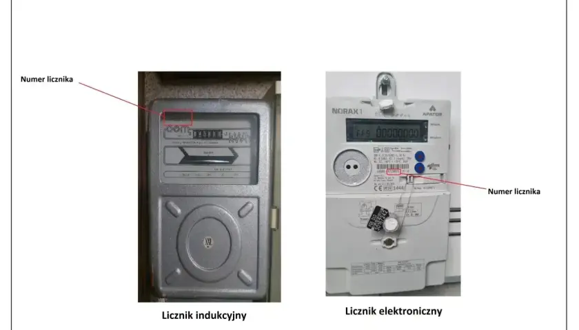 Na zdjęciu pokazano dwa liczniki prądu: indukcyjny i elektroniczny. Na obu widoczny jest numer licznika, zaznaczony czerwoną linią.