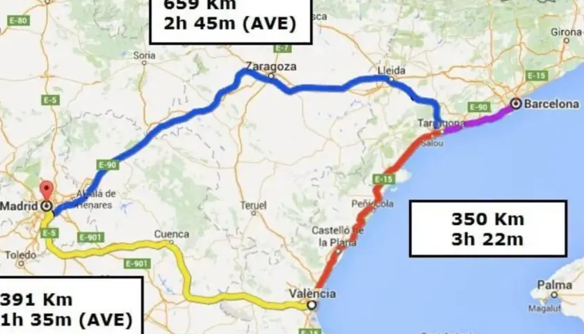 Mapa de rutas Euromed Barcelona Valencia y Madrid. Muestra trayectos en tren AVE y otras rutas.