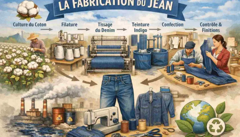 Le processus de fabrication du jean, de la culture du coton à la confection, illustré avec des machines et des artisans.
