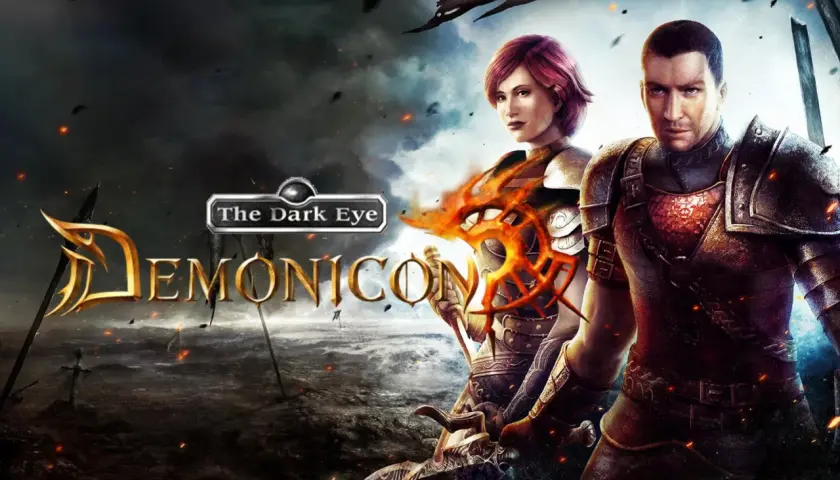 Bohaterowie w zbrojach stoją na tle mrocznego, burzowego krajobrazu. Logo gry "The Dark Eye: Demonicon" jest widoczne.