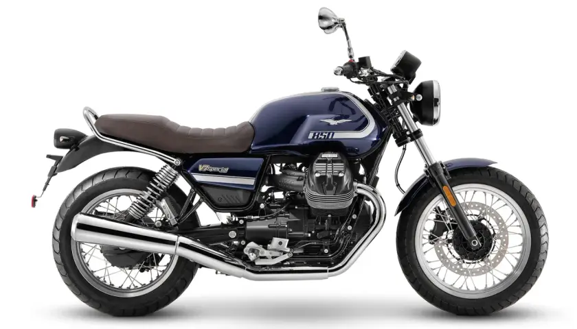 Moto Guzzi V7 Special azul, con asiento marrón y detalles cromados. Un clásico para rodar con estilo.