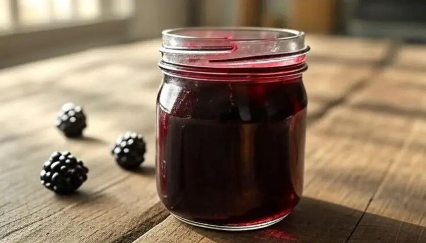 Un pot de gelee de mure maison, avec quelques mures fraîches posées sur la table en bois.