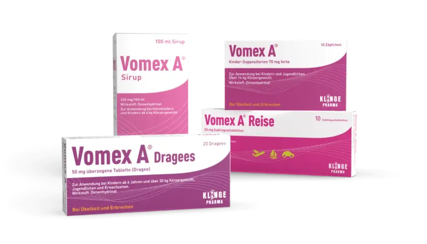 Vomex A Produkte: Sirup, Zäpfchen, Reise-Tabletten und Dragees. Bei Übelkeit und Erbrechen, aber Vorsicht bei vomex nebenwirkungen.