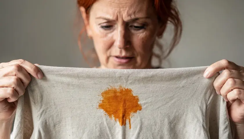 Une femme aux cheveux roux regarde avec inquiétude une tache orange sur un tissu clair. Est-ce que la peinture part au lavage ?