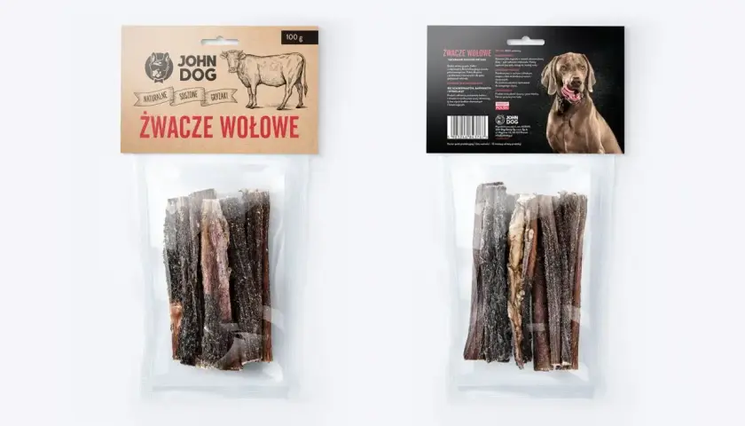 Naturalne, suszone gryzaki wołowe John Dog to idealne żwacze dla szczeniaka. Zdrowa przekąska dla Twojego pupila.
