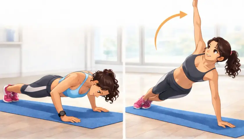 Femme effectuant des pompes puis une planche latérale pour muscler le dos sans matériel.