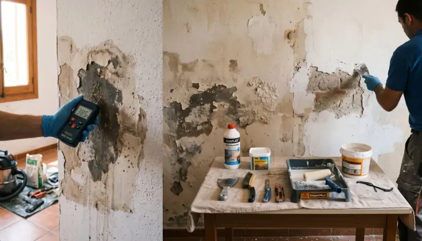Un técnico mide la humedad de una pared dañada. Se aprecian herramientas y productos para quitar humedad de pared.