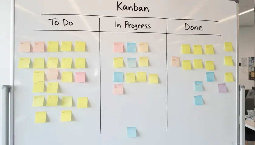 Tablica Kanban z zadaniami w kolumnach "Do zrobienia", "W toku" i "Zrobione". Kolorowe karteczki oznaczają postęp prac.