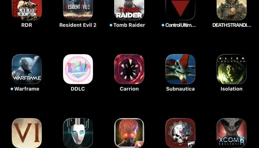 Kolekcja najlepszych gier na iPhone: RDR, Resident Evil 2, Tomb Raider, Control, Death Stranding, Warframe, DDLC, Carrion, Subnautica, Isolation, Civ VI, Invisible Inc., XCOM: EW, Mechanicus, XCOM 2.