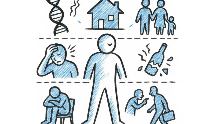 Illustrazione di fattori che influenzano la salute mentale: genetica, casa, famiglia, stress, solitudine, alcol e conflitti. Utile per studi medici privati.