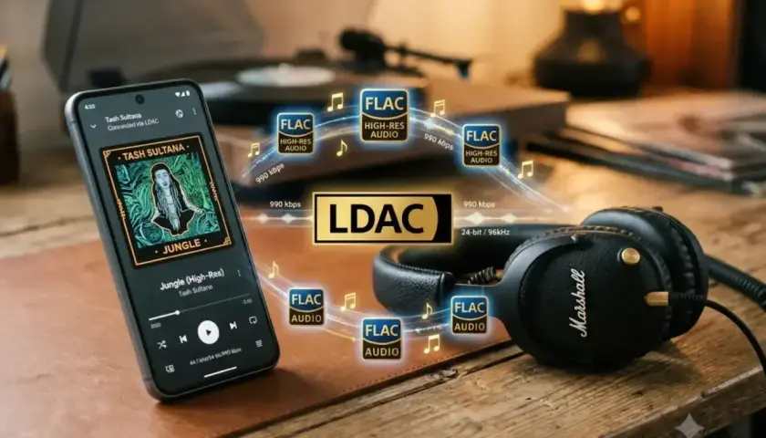 Telefon z muzyką Tash Sultana połączony przez LDAC z słuchawkami Marshall. Wokół widać ikony FLAC i informacje o wysokiej jakości dźwięku.