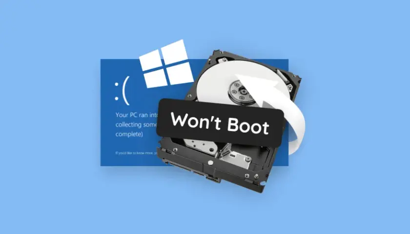 Awaria Windows 10 i uszkodzony dysk twardy. Potrzebujesz odzyskiwanie danych Windows 10? Biała strzałka symbolizuje ratunek.