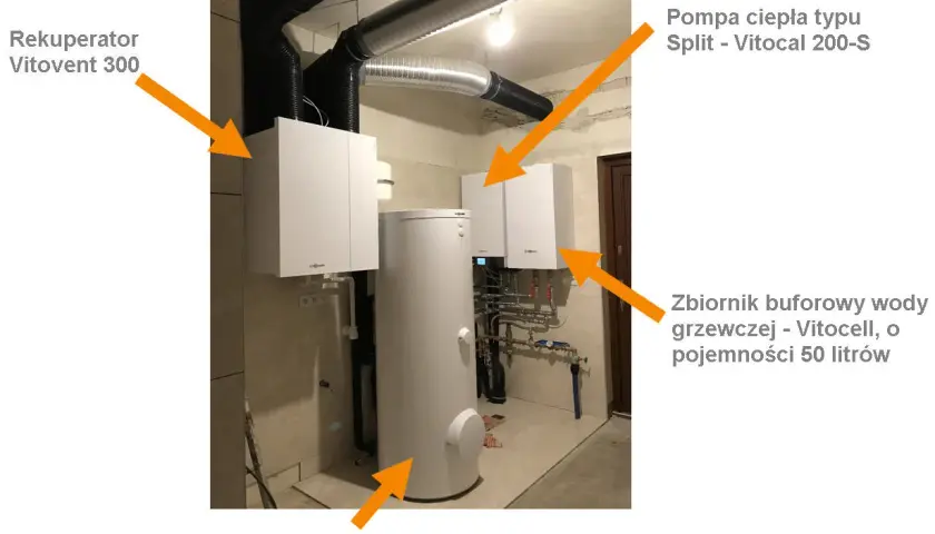 System grzewczy z pompą ciepła Vitocal 200-S, rekuperatorem Vitovent 300, zbiornikiem buforowym wody grzewczej Vitocell (50l) i zbiornikiem ciepłej wody użytkowej Vitocell.