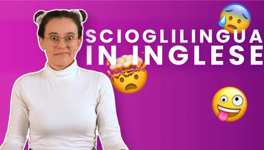 Ragazza con orecchie da panda e occhiali, testo "Scioglilingua in inglese" e emoji che esplodono e fanno la linguaccia.