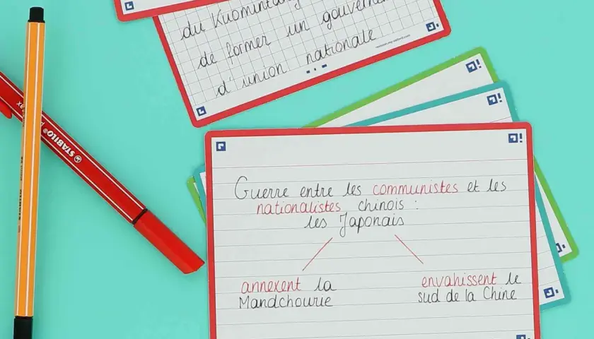 Cartes de révision sur l'histoire chinoise, avec des phrases comme "la répétition d'un même mot dans une phrase" pour l'apprentissage.