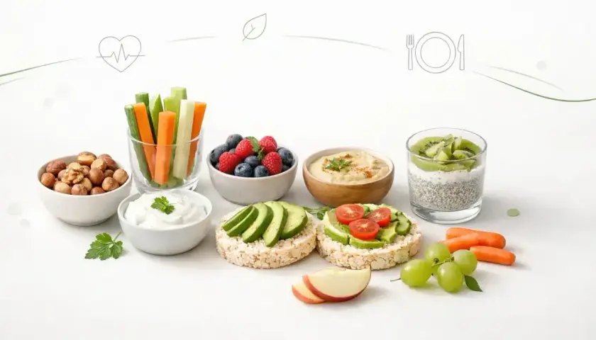 Niskokaloryczne przekąski: warzywa pokrojone w słupki, owoce jagodowe, hummus, ryżowe wafle z awokado i pomidorkami, jogurt, nasiona chia z kiwi, orzechy i jabłko.