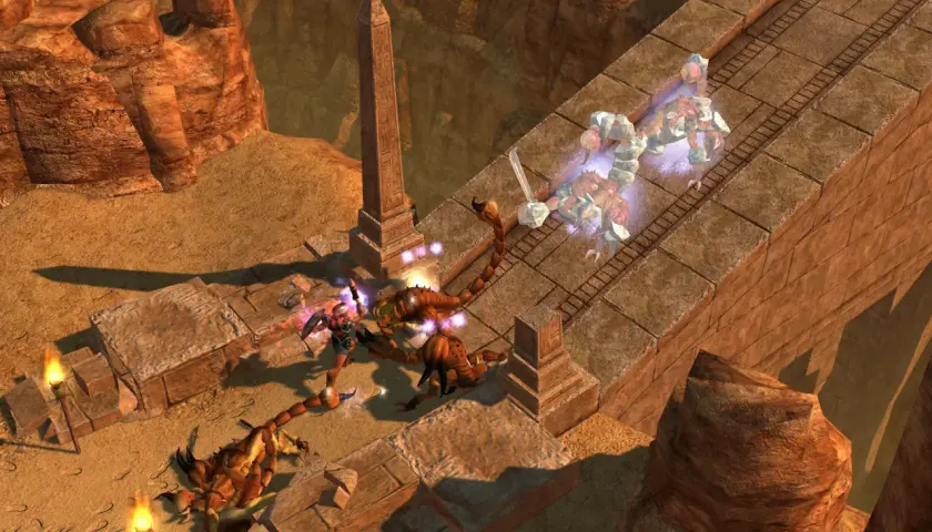 Bohaterka w stylu hack and slash walczy z gigantycznymi skorpionami na pustynnym moście.