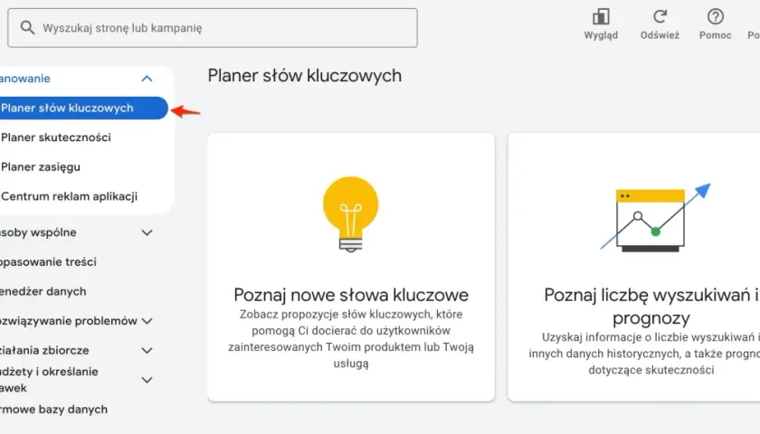Narzędzie Google Ads: Planer słów kluczowych pomaga znaleźć nowe frazy i prognozować ich skuteczność.