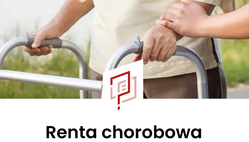 Osoba starsza z pomocą balkonika i opiekuna. Informacja o rencie chorobowej po 50 roku życia.