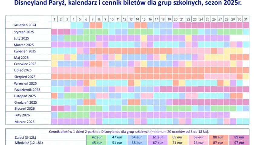 Kalendarz i cennik biletów do Disneylandu Paryż dla grup szkolnych. Sprawdź, ile kosztuje Disneyland w 2025 roku, od 42 euro za dziecko.