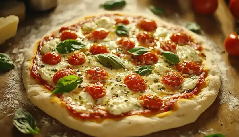 Pyszna pizza Margherita, której historia sięga Neapolu, z pomidorkami, mozzarellą i bazylią.