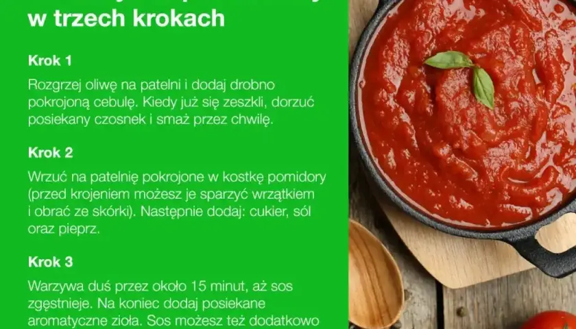 Domowy sos pomidorowy do spaghetti, przygotowany w trzech krokach. Aromatyczny, gęsty, z ziołami.