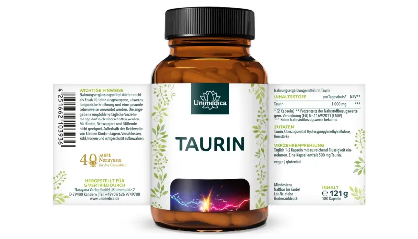 Täglich 1-2 Kapseln mit 500 mg Taurin pro Kapsel. So viel Taurin am Tag ist empfohlen. Vegan, glutenfrei.
